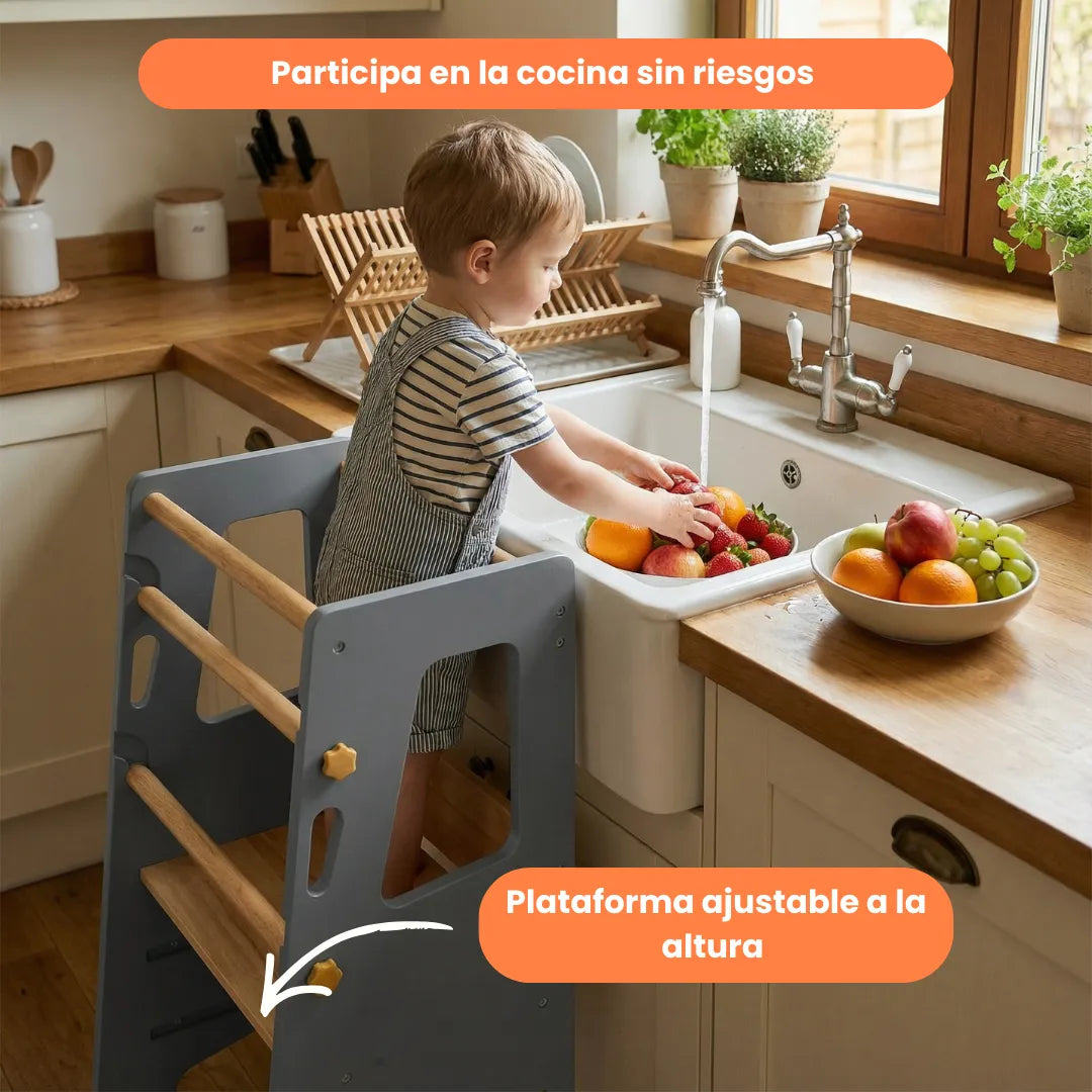 Torre de Aprendizaje Montessori Fija Ajustable de Madera – 3 Alturas