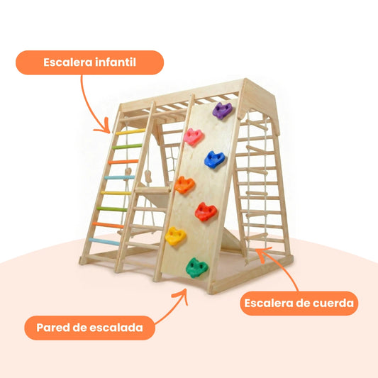 Parque Infantil Montessori de Madera con Rampa, Red y Columpio