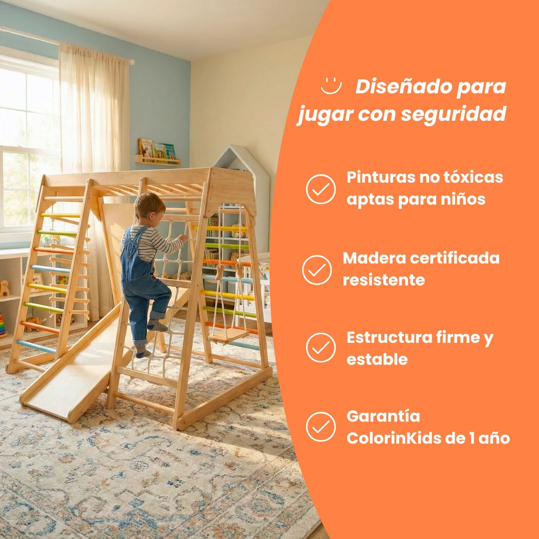Parque Infantil Montessori de Madera con Rampa, Red y Columpio