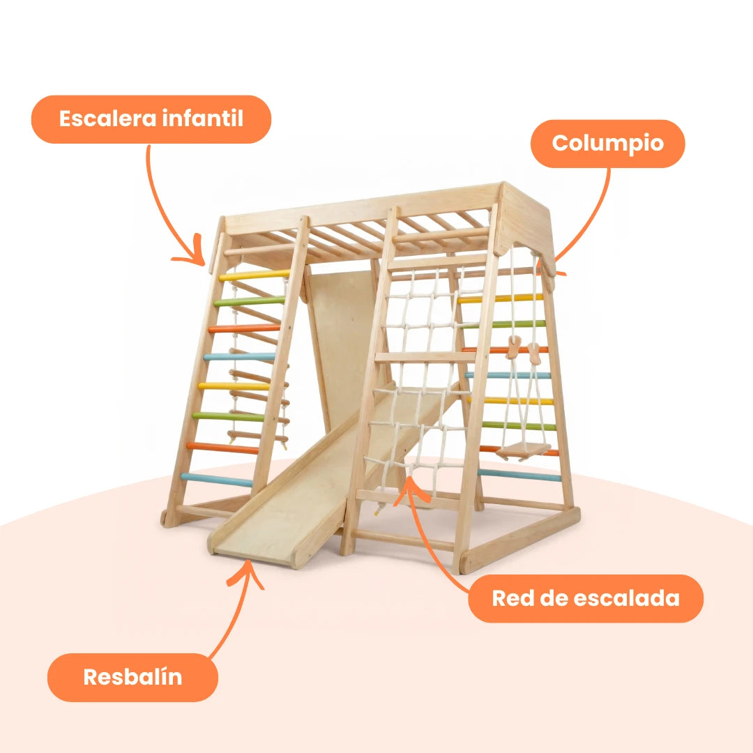 Parque Infantil Montessori de Madera con Rampa, Red y Columpio