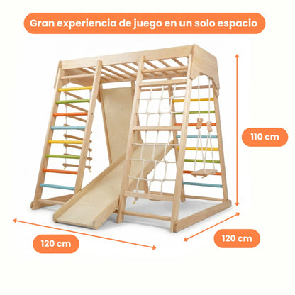 Parque Infantil Montessori de Madera con Rampa, Red y Columpio
