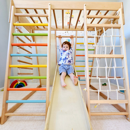Parque Infantil Montessori de Madera con Rampa, Red y Columpio