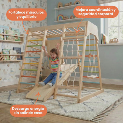 Parque Infantil Montessori de Madera con Rampa, Red y Columpio